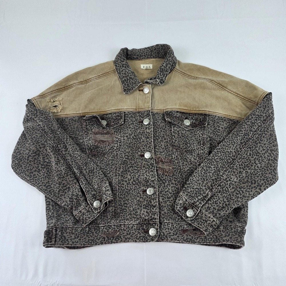 POL Jacket Womens Medium Brown Leopard Print Denim Distressed Button Front